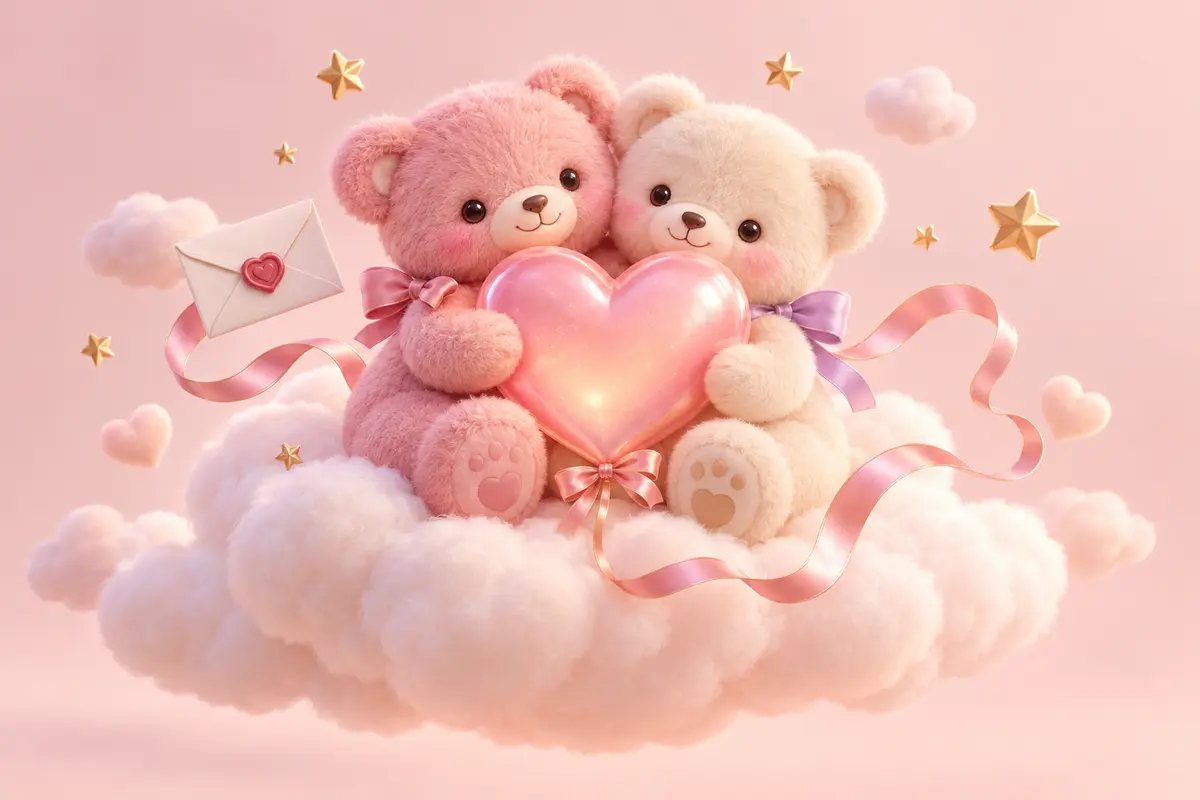 Two fluffy pastel teddy bears cuddling a glowing pink heart on a cloud
