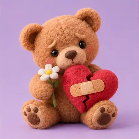 A shy teddy bear with a flower and mended heart