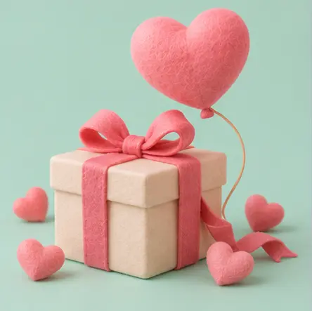 Beautifully wrapped gift with a pink heart balloon