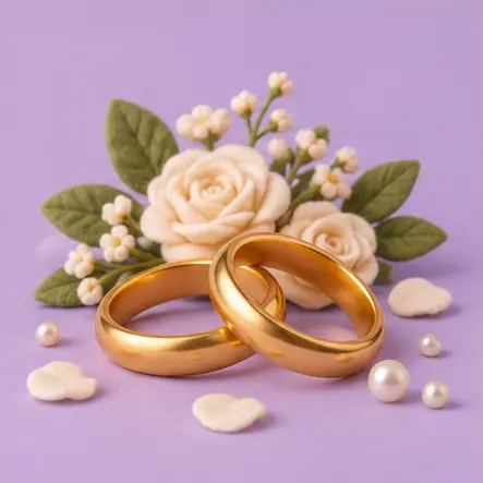 Two gold wedding rings and white roses